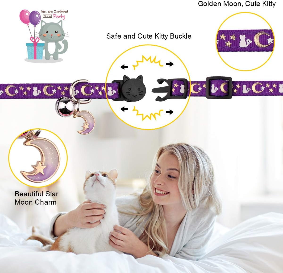 Adorable 2-Pack Breakaway Cat Collars with Glow-in-the-Dark Moons and Stars - Adjustable, Safe, and Stylish in Purple & Pink