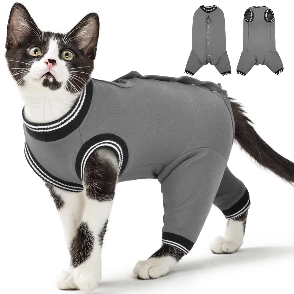 Soft Cat Recovery Suit, Elastic Cat Onesie after Surgery, Rear Leg and Abdomen Wound Protection, Cat Cone Collar Alternative, Gray, S