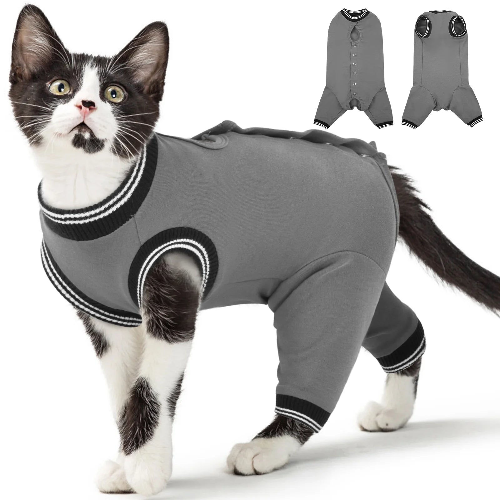 Soft Cat Recovery Suit, Elastic Cat Onesie after Surgery, Rear Leg and Abdomen Wound Protection, Cat Cone Collar Alternative, Gray, S