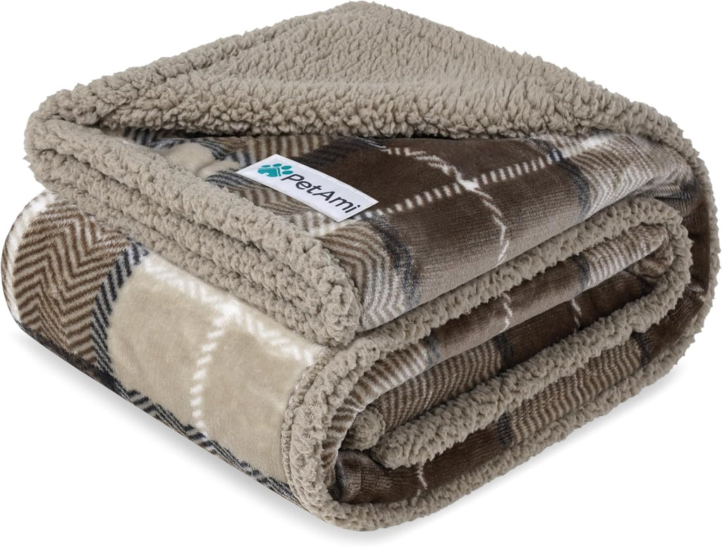Extra Large Waterproof Dog Blanket - Reversible Sherpa Fleece, Pee Proof Furniture Protector for Couch, Bed & Kennel - Soft, Washable Plaid Taupe Throw for Pets 80x60