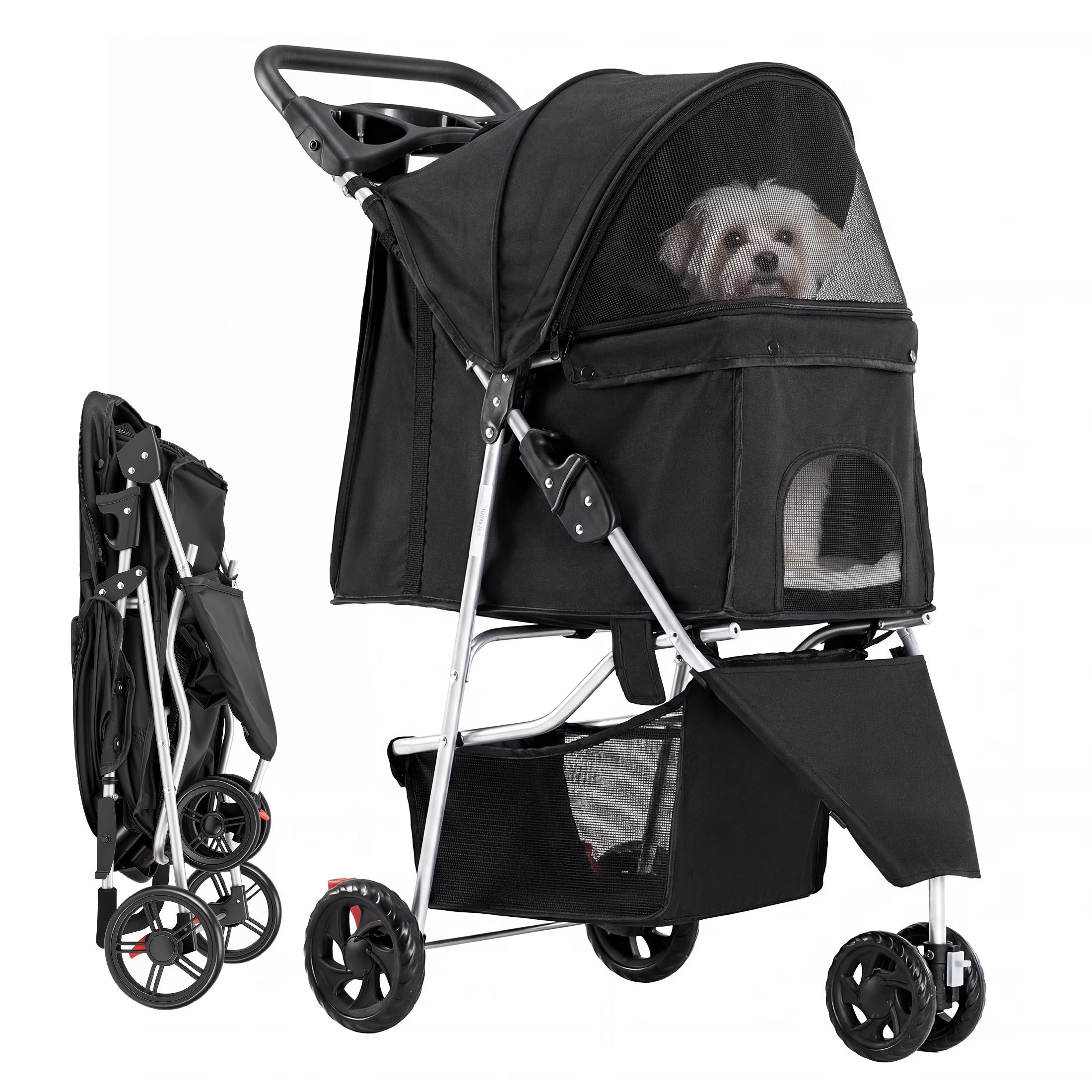 3 Wheels Pet Stroller, Dog and Cat Strollers, with Storage Basket and Cup Holder, Lightweight Travel Carrier, Breathable Mesh, Waterproof and Foldable for Small Pets Outdoor Walk, Black