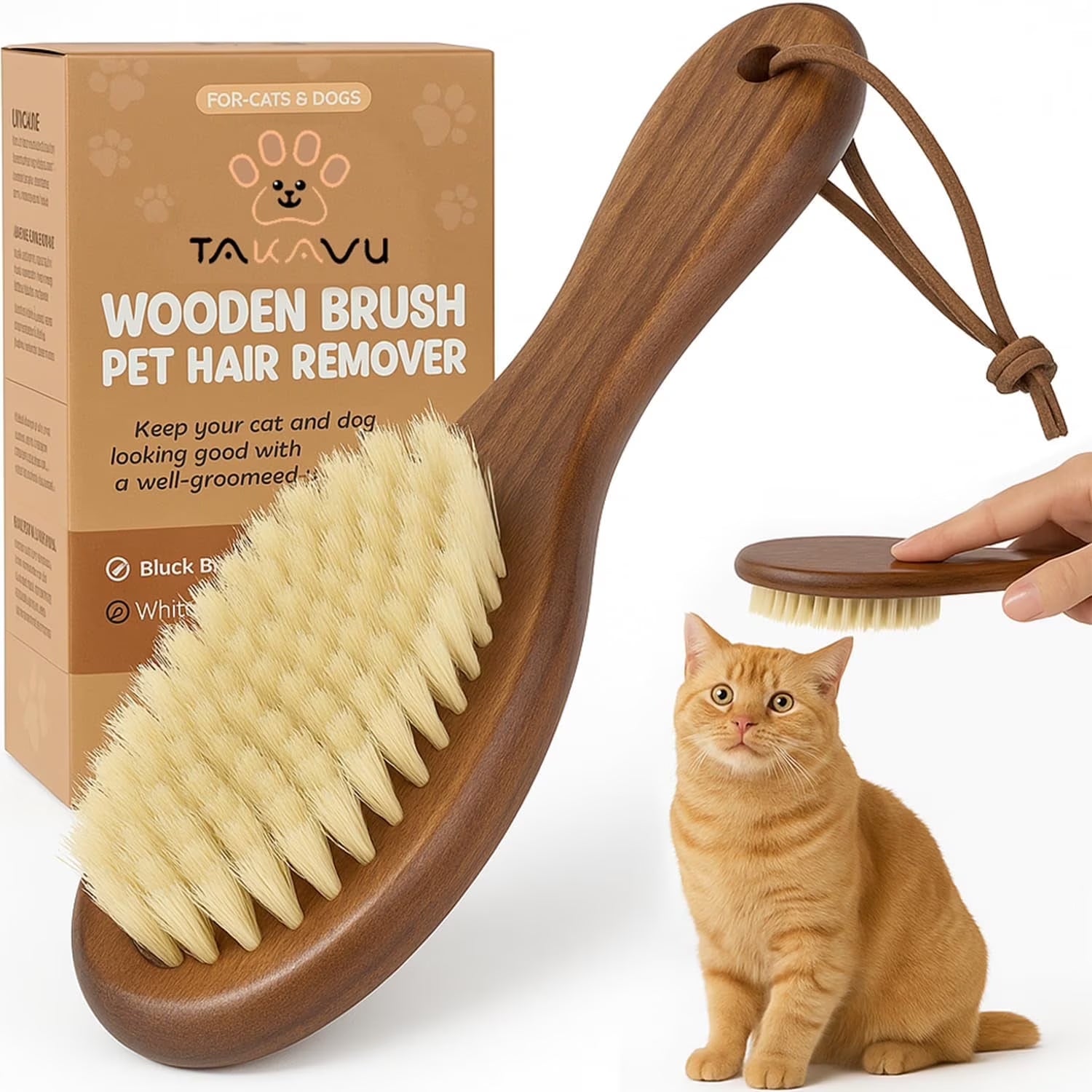 Natural White Boar Bristle Cat Brush with Wooden Handle, Gentle Grooming Tool for Sensitive Skin, Shiny Coat & Smooth Fur