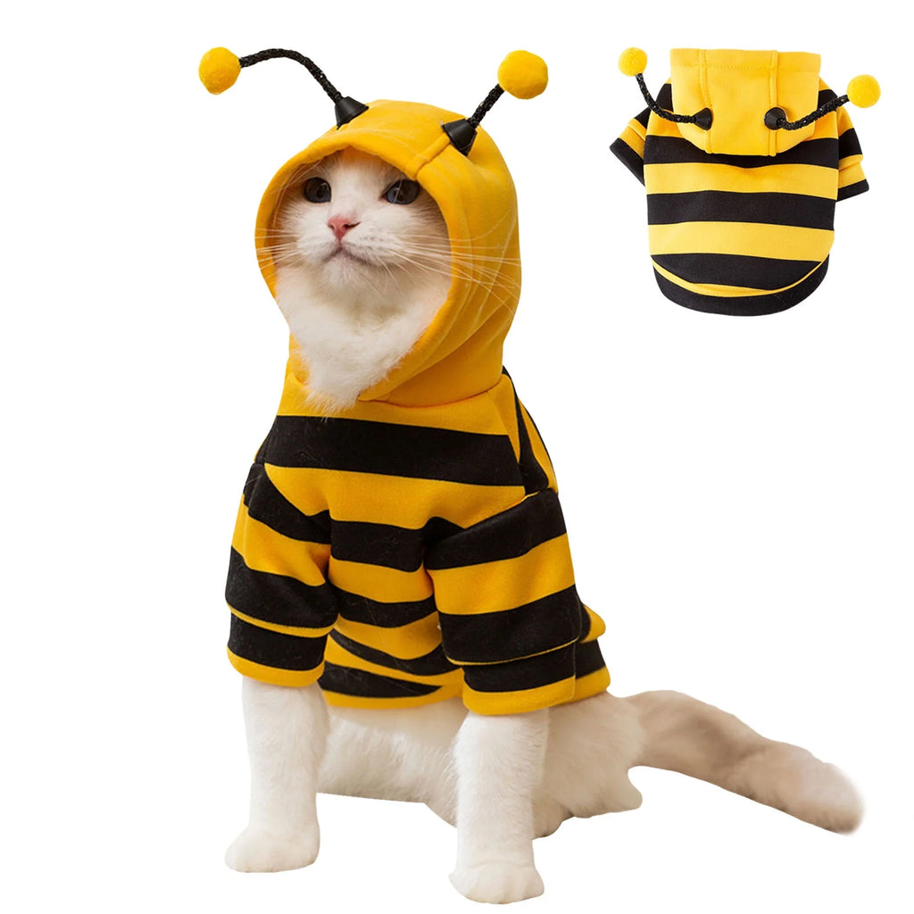 Pet Bee Costume Hood Dog Halloween Clothes Winter Warm Pet Hoodies Cat Holiday Cosplay Outfit for Small Medium Dogs Cats (Yellow,L)