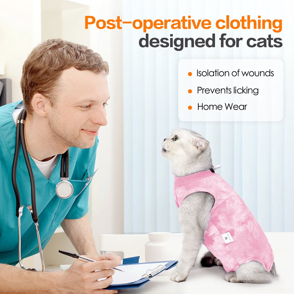 Cat Recovery Suit, Tie-Dye Post-Surgery Pet Clothing, Soft Stretch Fabric Cat Surgery Shirt with Back Button Closure, Prevents Licking and Biting after Spay/Neuter,Pink,L