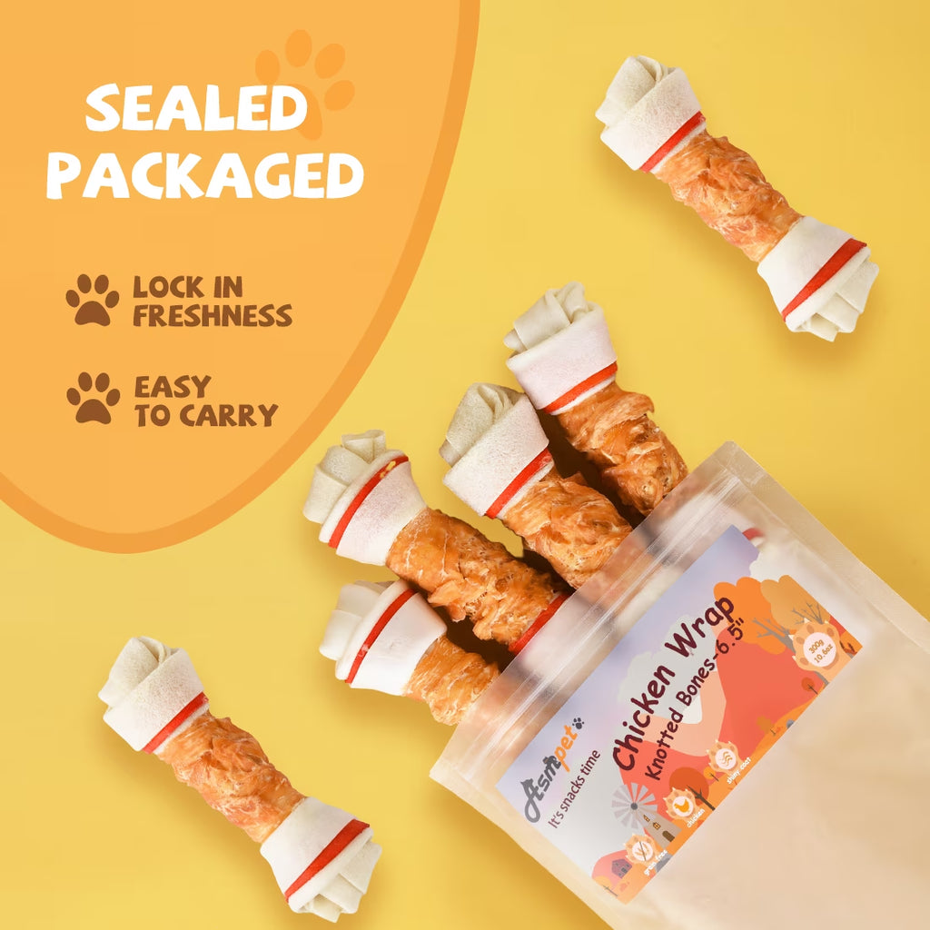 (4 Pack)  6.5" Rawhide Dog Bone, Long Lasting Chicken Wrapped Dog Treats (4/Pack), Beefhide Bone for Large Dogs, 11Oz