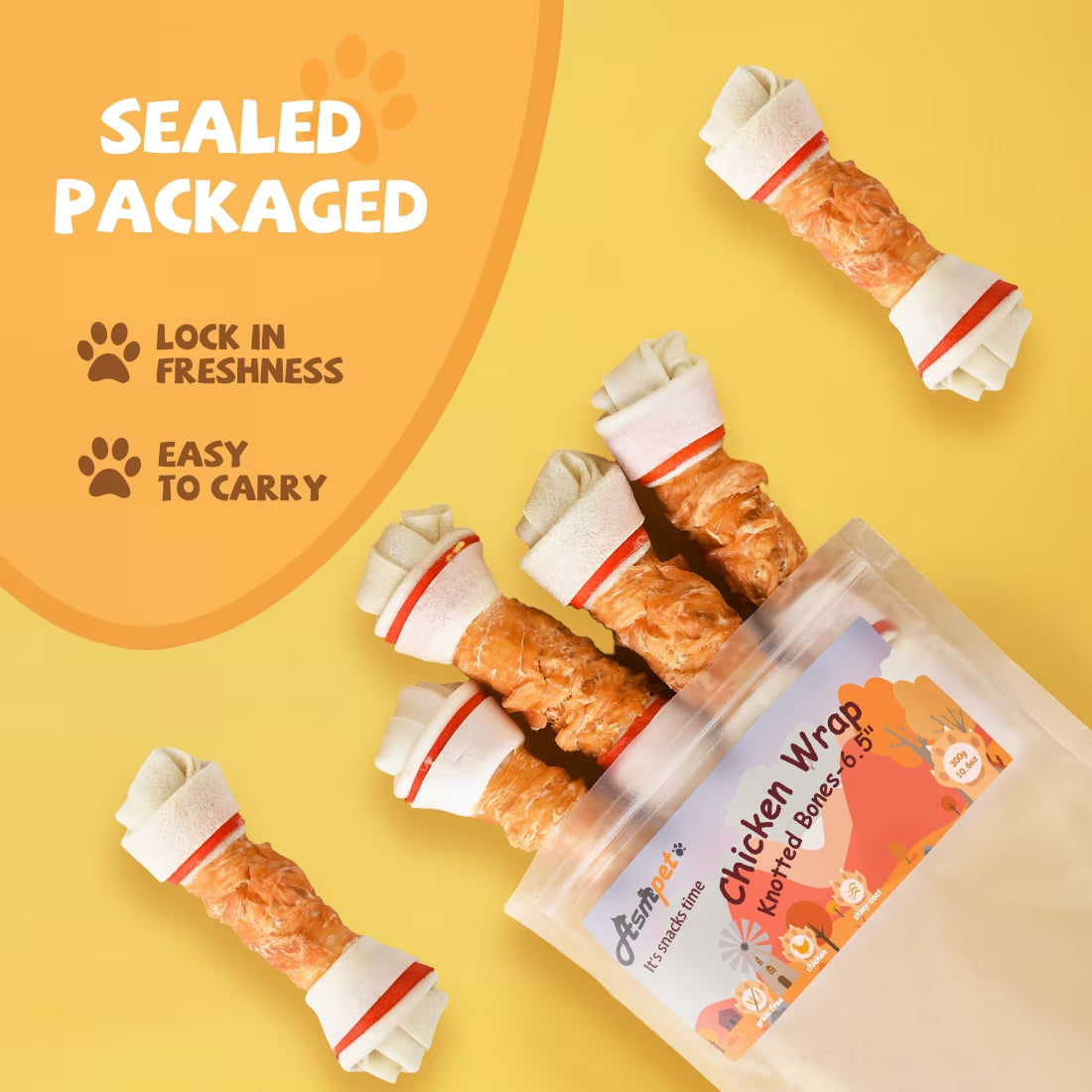 (4 Pack)  6.5" Rawhide Dog Bone, Long Lasting Chicken Wrapped Dog Treats (4/Pack), Beefhide Bone for Large Dogs, 11Oz