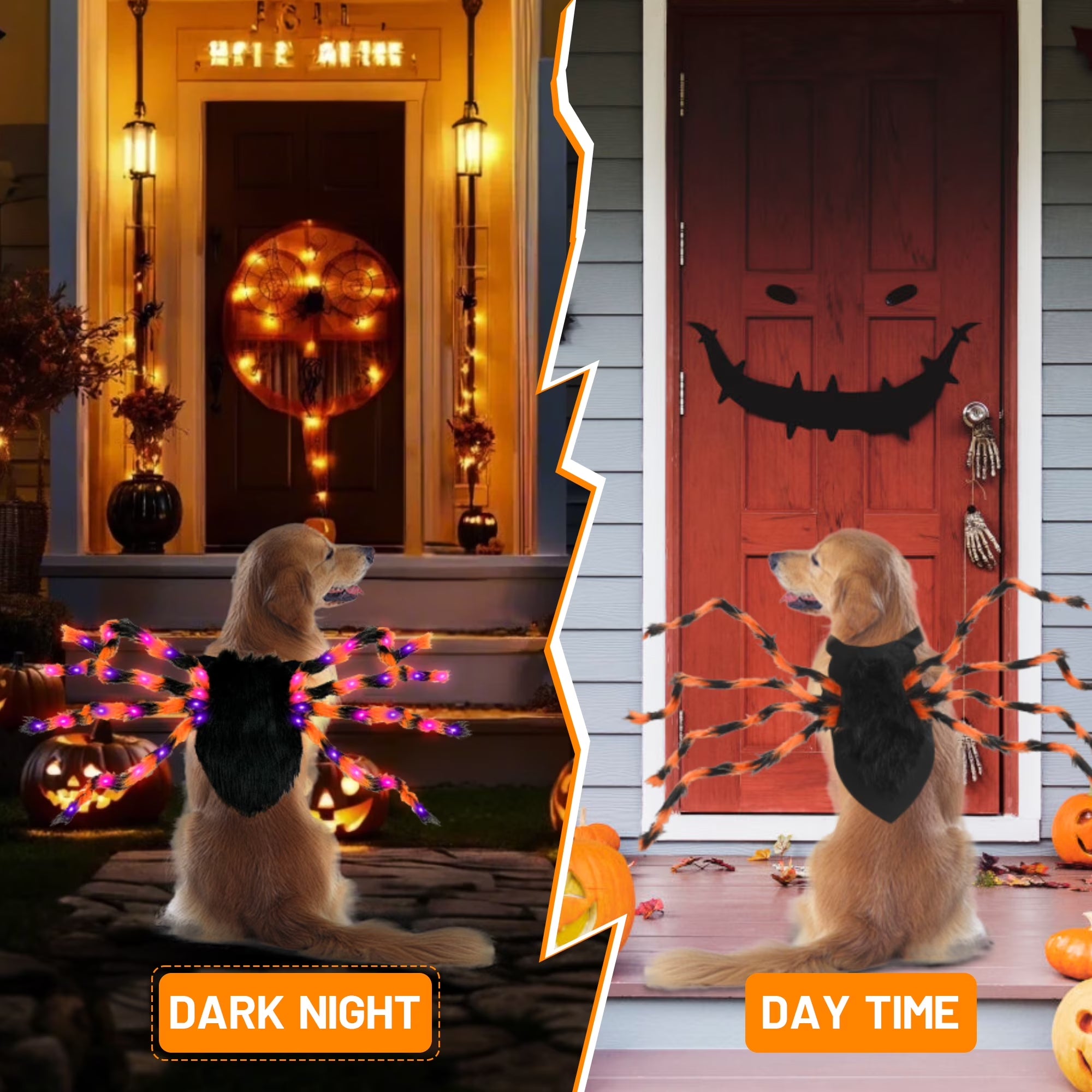 48 LED Spider Dog Halloween Costume for Dogs, Furry Giant Spider with Orange Purple Lights Dog Halloween Cosplay - Small
