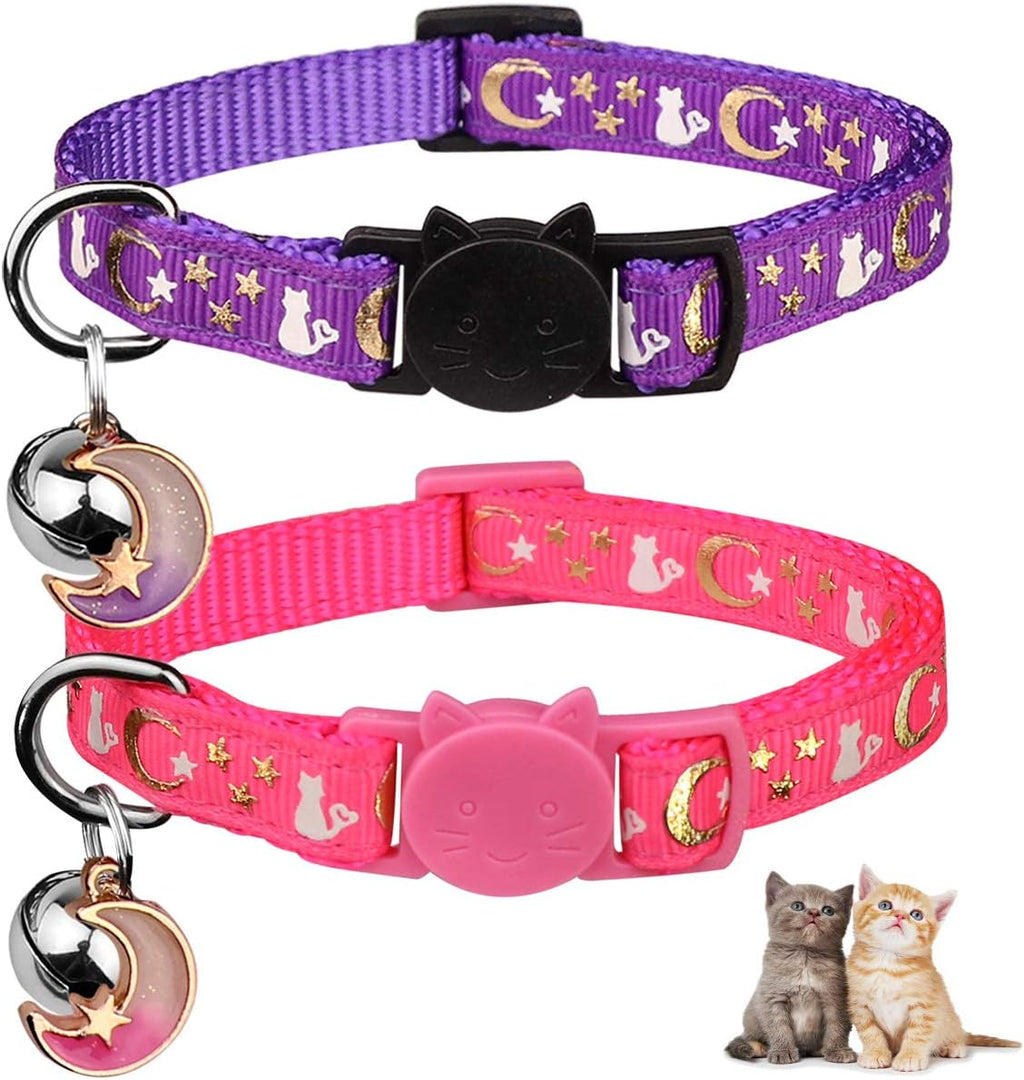 Adorable 2-Pack Breakaway Cat Collars with Glow-in-the-Dark Moons and Stars - Adjustable, Safe, and Stylish in Purple & Pink