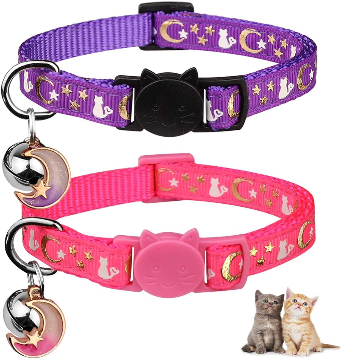 Adorable 2-Pack Breakaway Cat Collars with Glow-in-the-Dark Moons and Stars - Adjustable, Safe, and Stylish in Purple & Pink