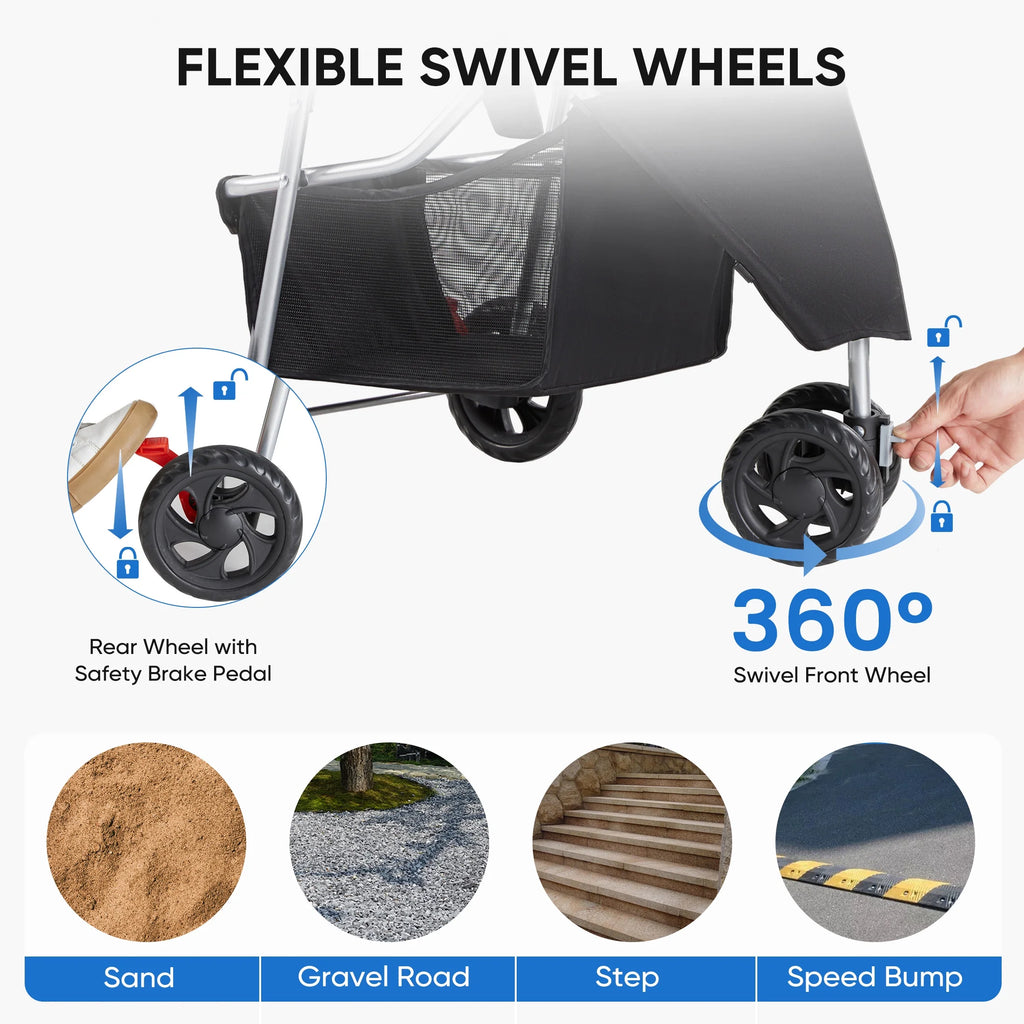 3 Wheels Pet Stroller, Dog and Cat Strollers, with Storage Basket and Cup Holder, Lightweight Travel Carrier, Breathable Mesh, Waterproof and Foldable for Small Pets Outdoor Walk, Black