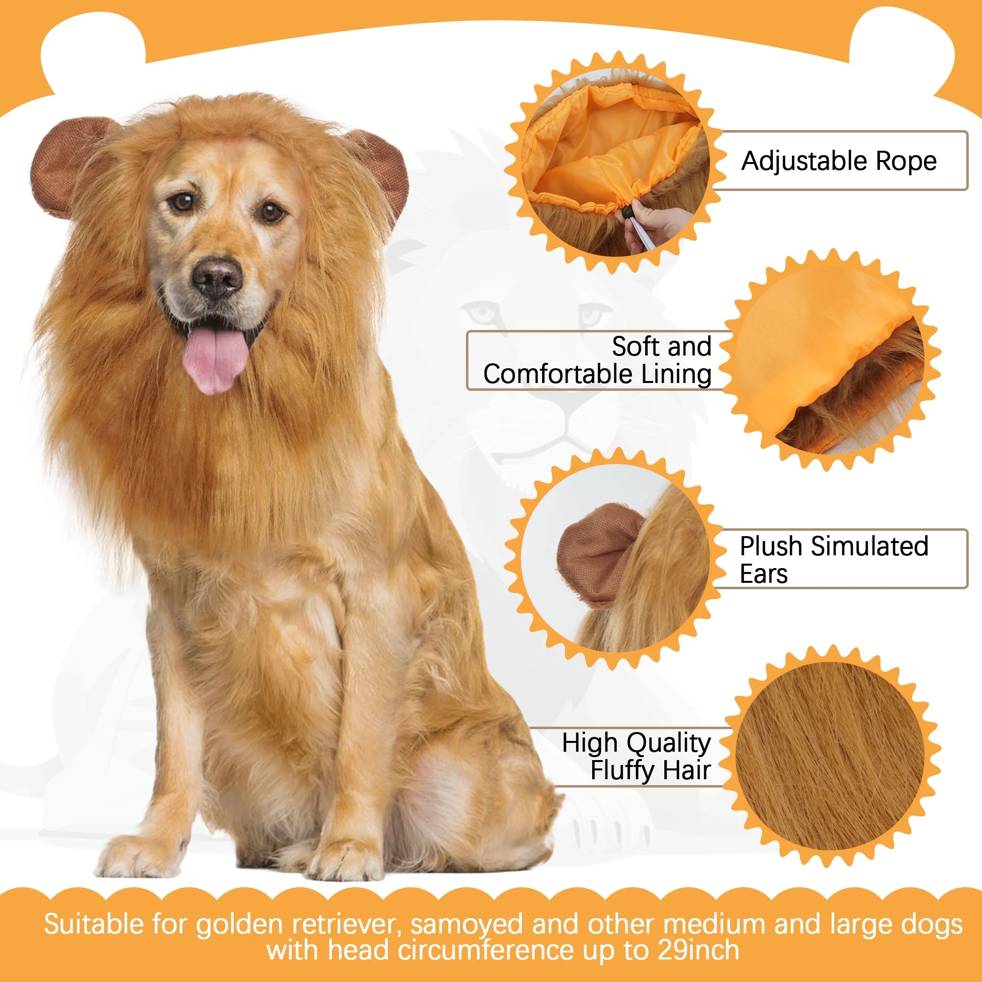 Large Dog Lion Mane with Tail Halloween Dog Costumes Fits Neck Size 13- 29.13 Inch Funny Accessories for Holidays