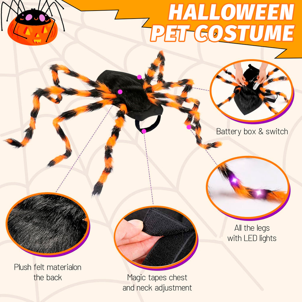 48 LED Spider Dog Halloween Costume for Dogs, Furry Giant Spider with Orange Purple Lights Dog Halloween Cosplay - Small