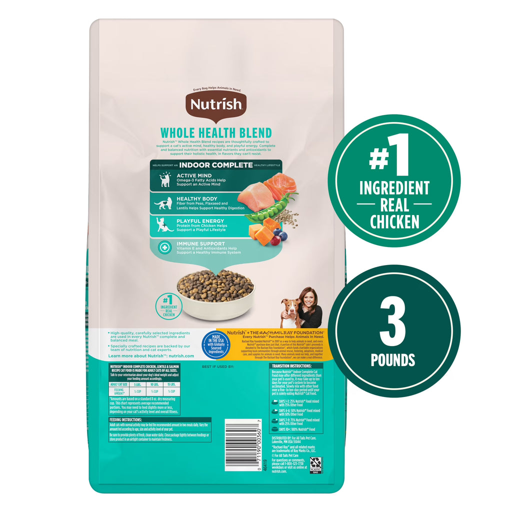 Indoor Complete Chicken, Lentils & Salmon Recipe Dry Cat Food (Rachael Ray), 3 Lb. Bag