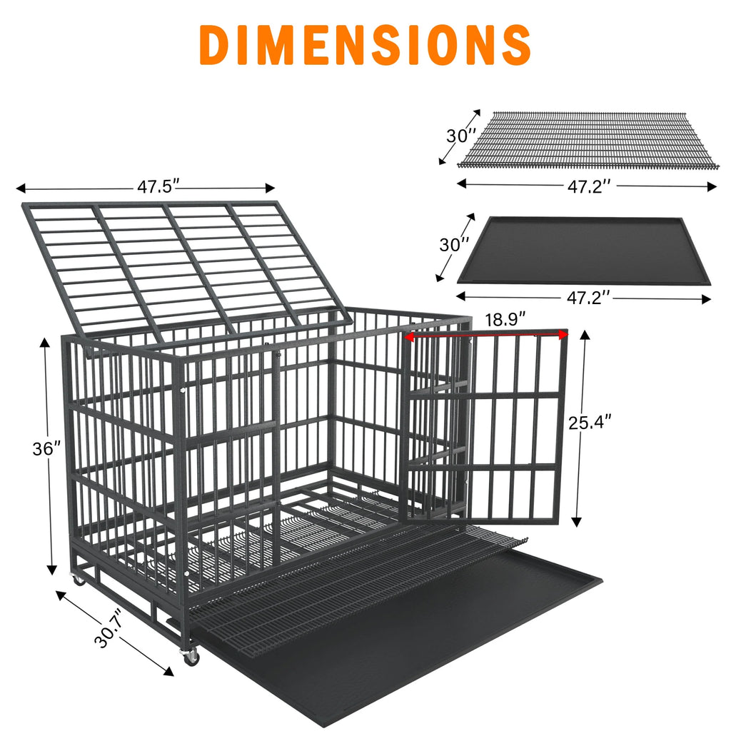 48/38 Inch Heavy Duty Indestructible Dog Crate Cage Kennel for Large Dogs, High Anxiety Dog Crate with Removable Crate Trays, Wheels and Double Door, Extra Large XL XXL Escape Proof Dog Crate