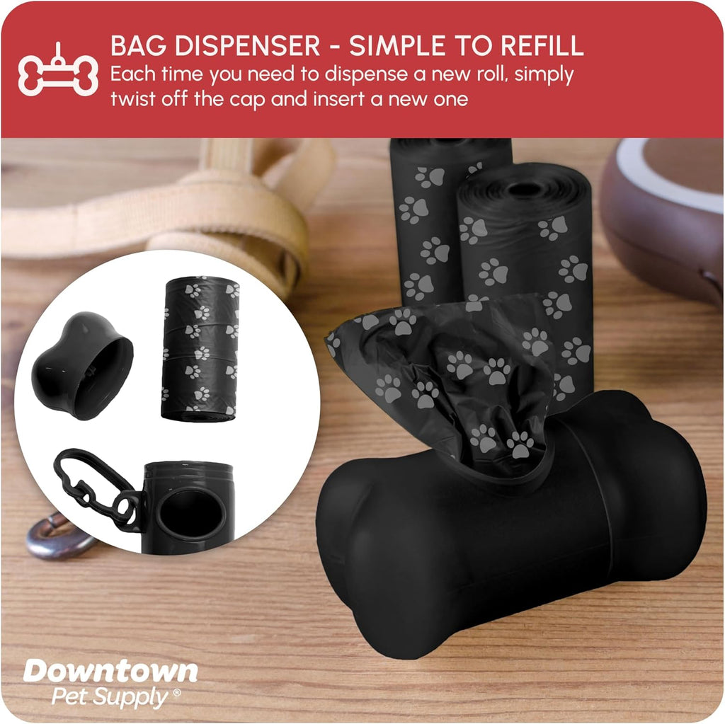 Poop Bags for Dogs with Dispenser, 180 Count - Leak-Proof Dog Waste Bags and Bone-Shaped Dog Poop Bags Holder for Leash - Black with Paw Prints, 12.5" X 8.5"