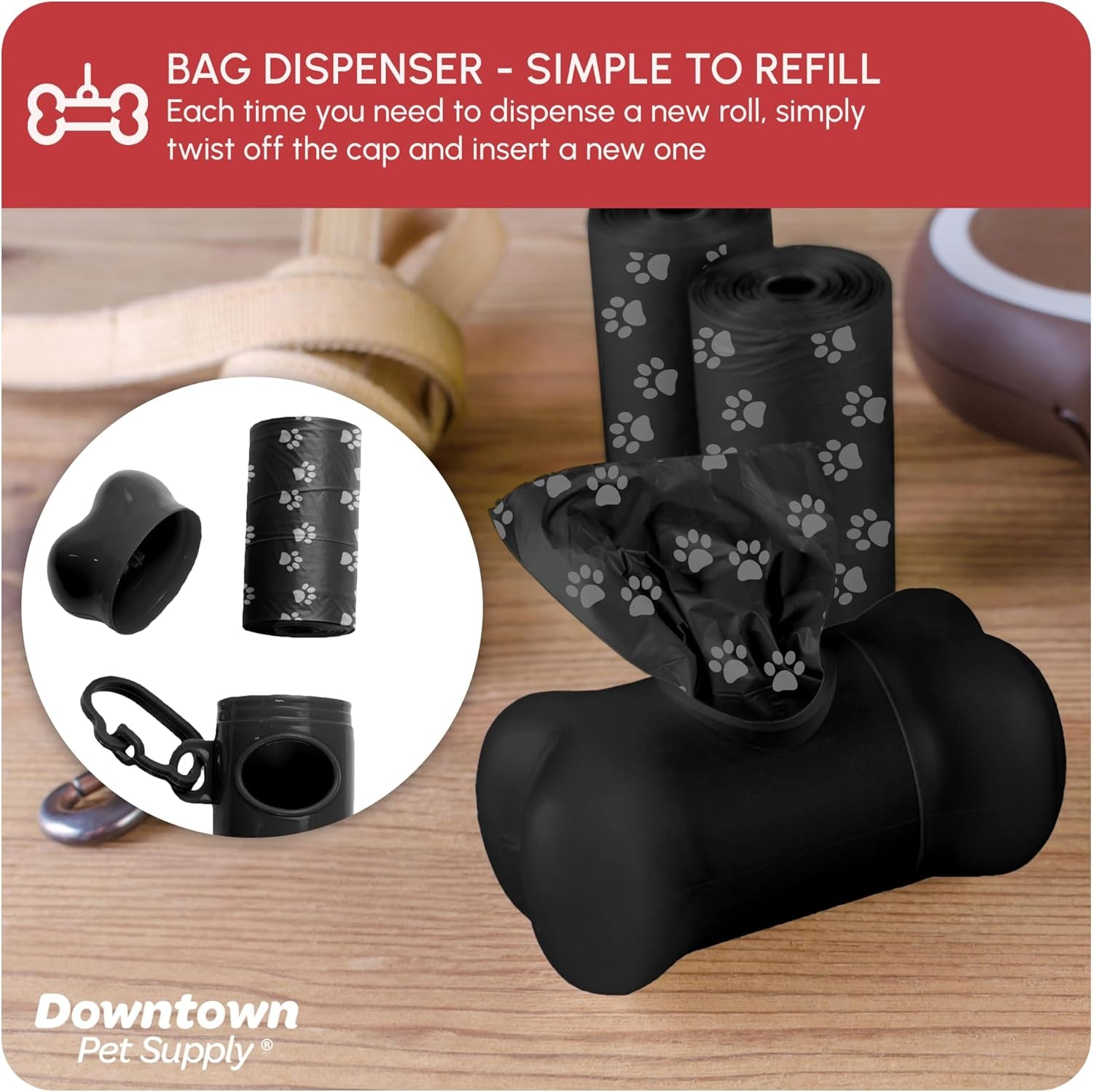 Poop Bags for Dogs with Dispenser, 180 Count - Leak-Proof Dog Waste Bags and Bone-Shaped Dog Poop Bags Holder for Leash - Black with Paw Prints, 12.5" X 8.5"