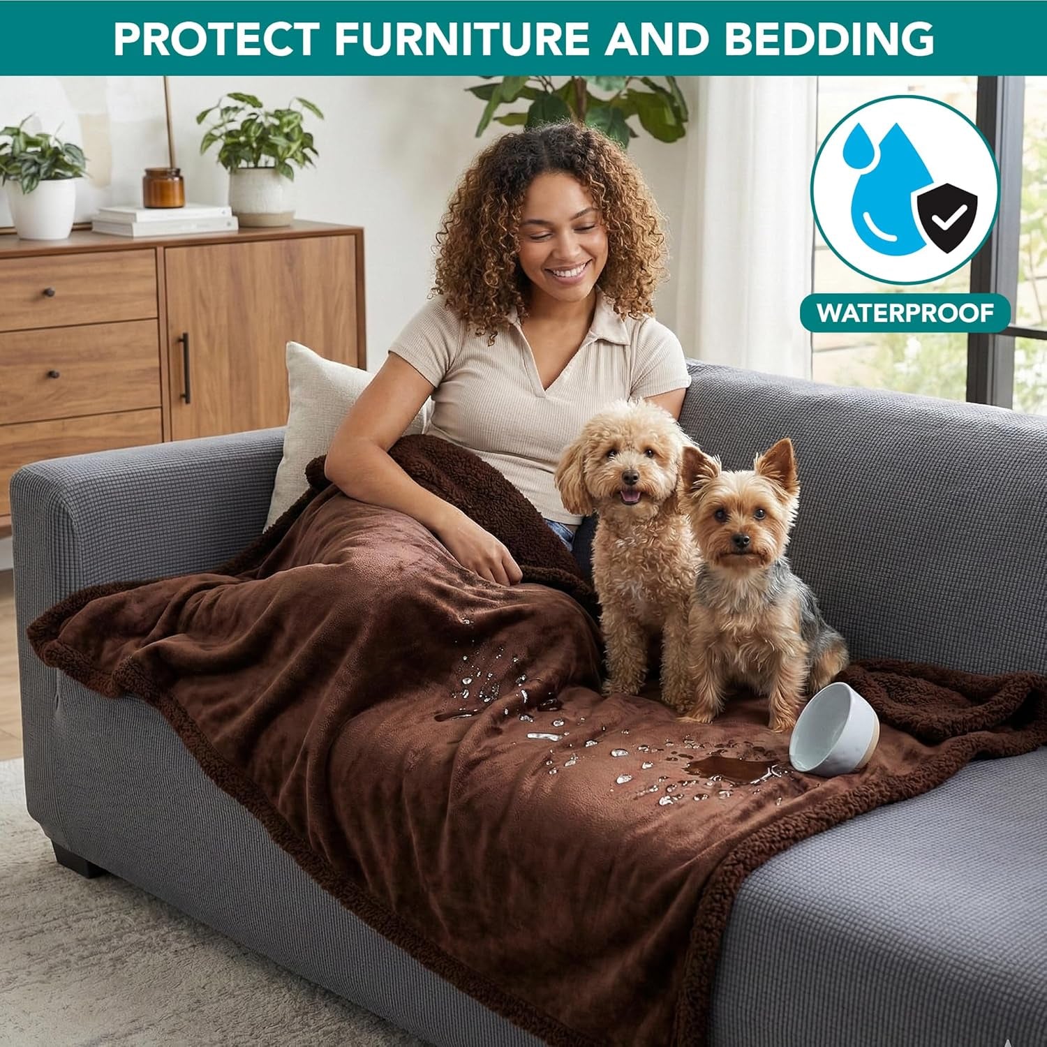 Waterproof Dog Blanket for Couch, Large 60X40, Pee Proof Sherpa Fleece Reversible Pet Throw, Furniture Protector for Bed Sofa Kennel, Soft Washable Cover for Medium Dogs Cats, Brown Sherpa