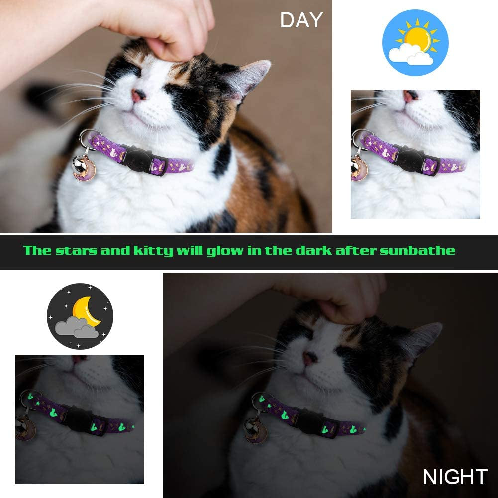 Adorable 2-Pack Breakaway Cat Collars with Glow-in-the-Dark Moons and Stars - Adjustable, Safe, and Stylish in Purple & Pink