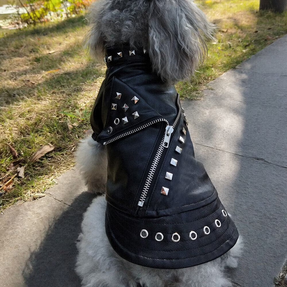 Fashion Small Cat Dog Jacket Black PU Leather Motorcycle Coat Outfit Clothes with Studs