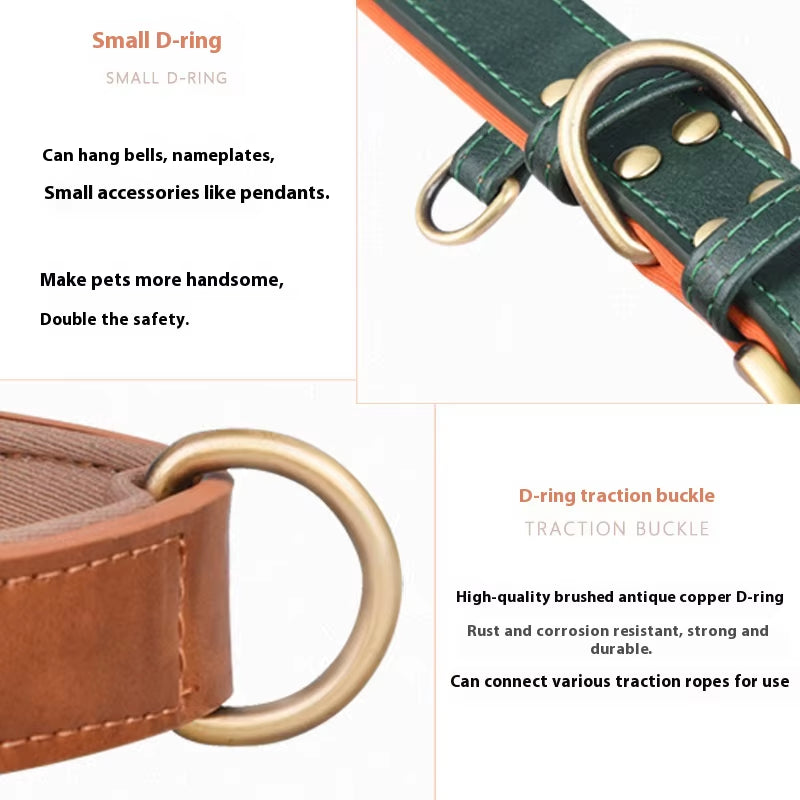 Factory Direct Sales Retro Leather Dog Leash with Breathable Dog Collar Contrast Color Solid Pattern Space Cotton Pet Lettering
