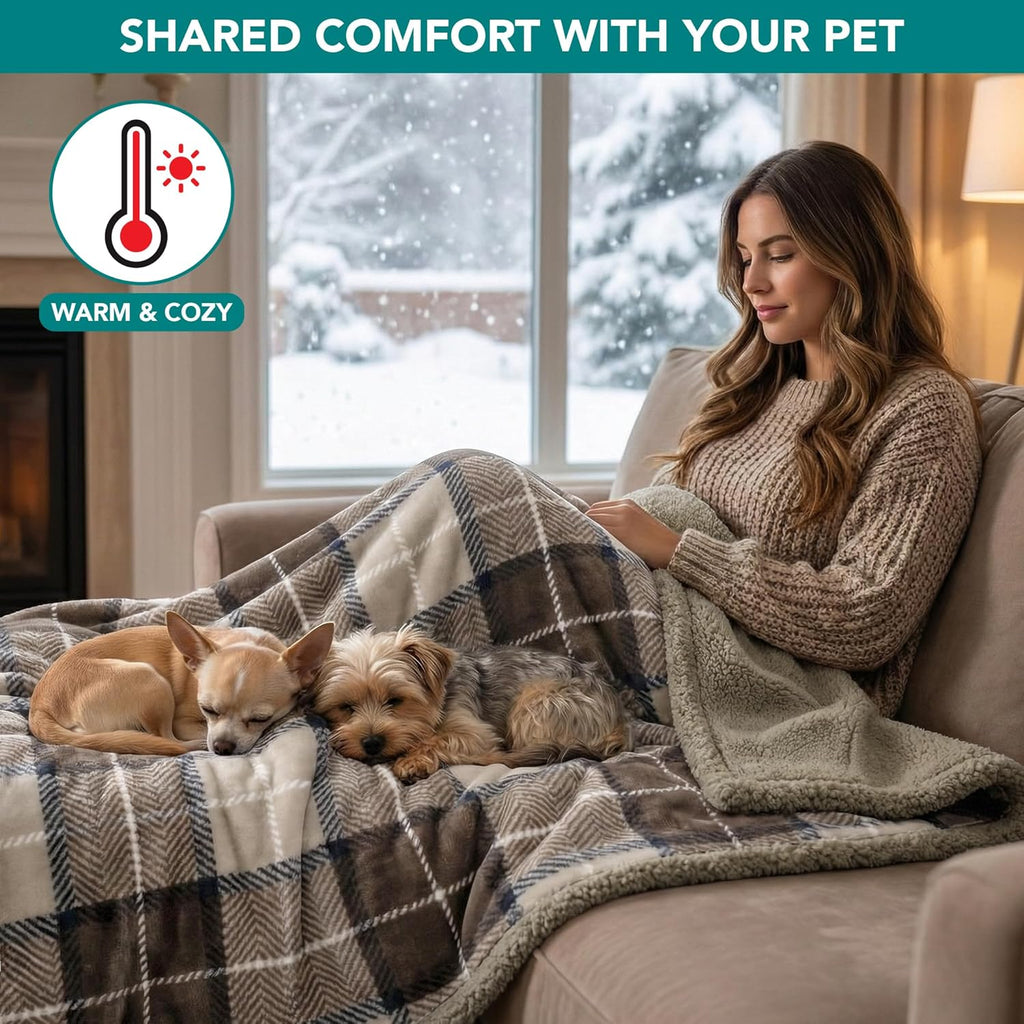 Extra Large Waterproof Dog Blanket - Reversible Sherpa Fleece, Pee Proof Furniture Protector for Couch, Bed & Kennel - Soft, Washable Plaid Taupe Throw for Pets 80x60