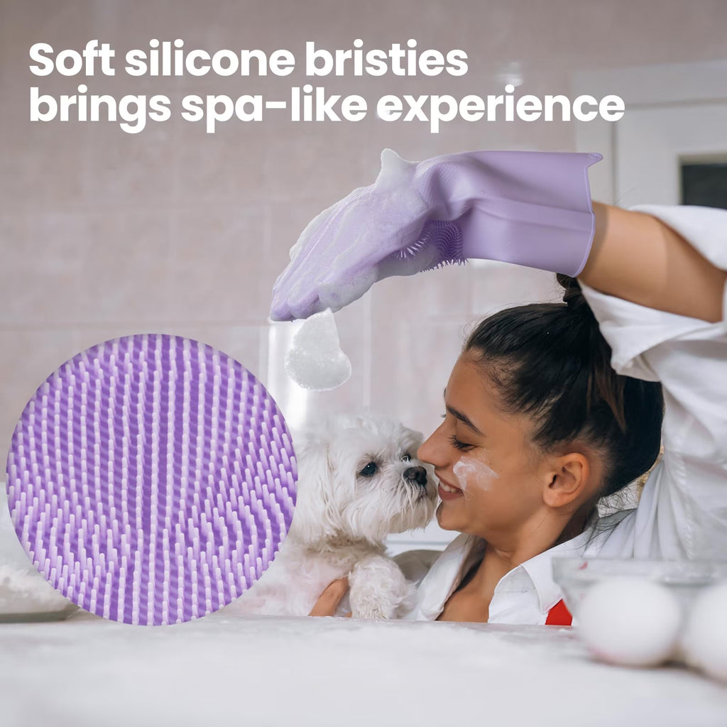 Dog Washing Gloves 1 Pair: Soft and Gentle Silicone Pet Grooming Gloves - Bathing Scrubber Brush Mitt Grooming Shedding Fur Removal Massage for Dogs/Cats/Horse, Purple