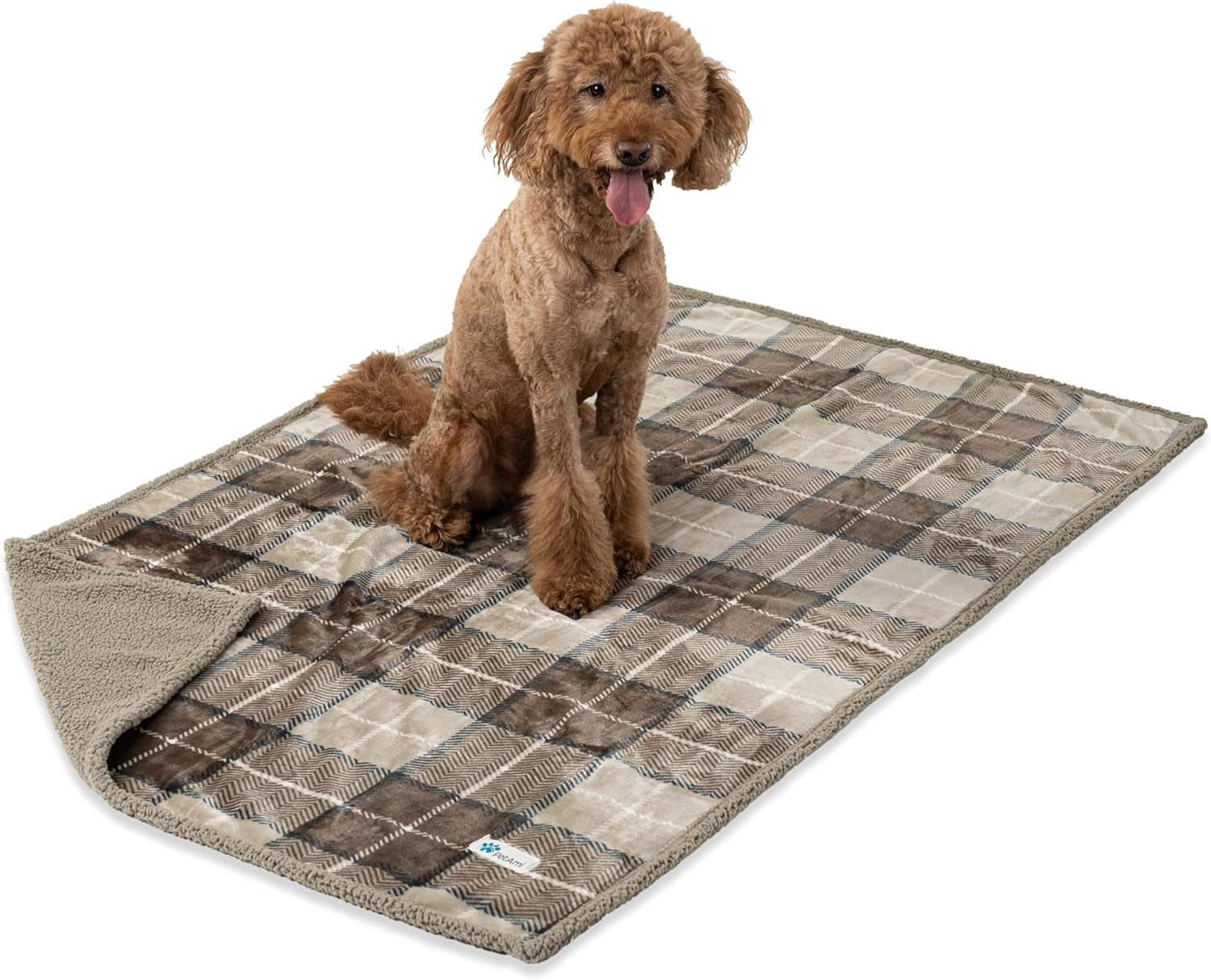 Extra Large Waterproof Dog Blanket - Reversible Sherpa Fleece, Pee Proof Furniture Protector for Couch, Bed & Kennel - Soft, Washable Plaid Taupe Throw for Pets 80x60