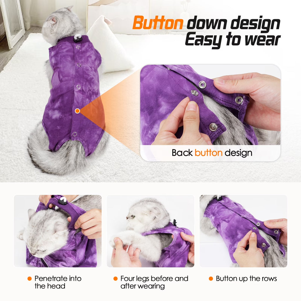 Cat Recovery Suit, Tie-Dye Post-Surgery Pet Clothing, Soft Stretch Fabric Cat Surgery Shirt with Back Button Closure, Prevents Licking and Biting after Spay/Neuter,Purple,L