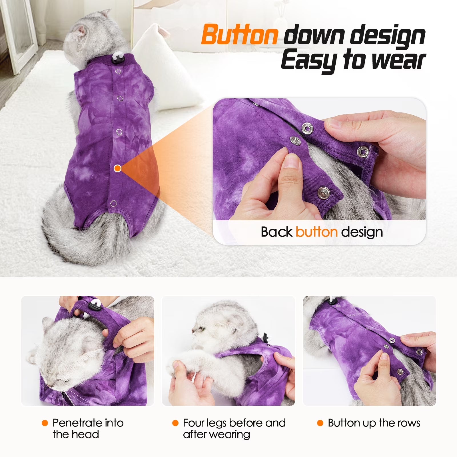 Cat Recovery Suit, Tie-Dye Post-Surgery Pet Clothing, Soft Stretch Fabric Cat Surgery Shirt with Back Button Closure, Prevents Licking and Biting after Spay/Neuter,Purple,L