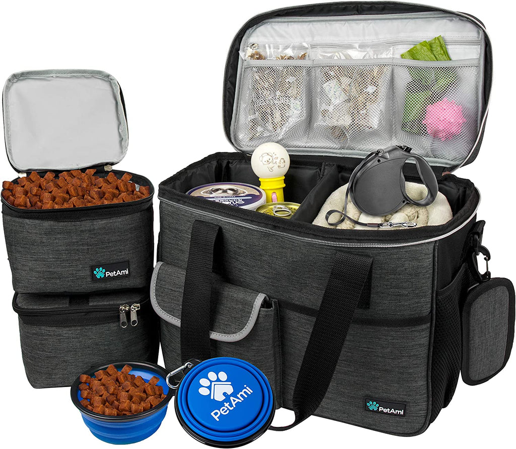 Dog Travel Bag Organizer, Pet Travel Kit with 2 Food Containers & 2 Collapsible Dog Bowls, Pet Supplies Tote with Luggage Sleeve, Weekend Road Trip Camping Essentials, Dark Gray, Medium