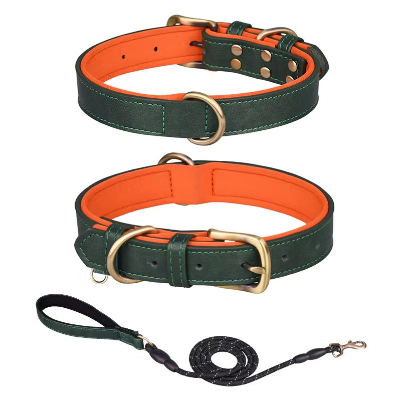Factory Direct Sales Retro Leather Dog Leash with Breathable Dog Collar Contrast Color Solid Pattern Space Cotton Pet Lettering