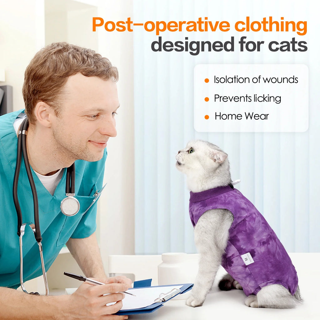 Cat Recovery Suit, Tie-Dye Post-Surgery Pet Clothing, Soft Stretch Fabric Cat Surgery Shirt with Back Button Closure, Prevents Licking and Biting after Spay/Neuter,Purple,L