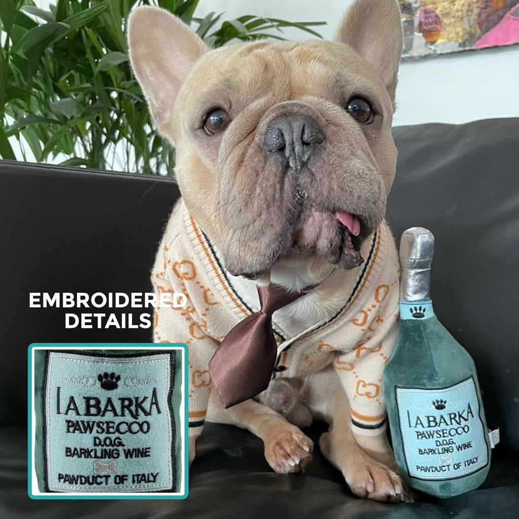Labarka Pawsecco Plush Dog Toy, Wine Parody Chew Toys | Funny Interactive Stuffed Squeaky Toys for Small to Large Dogs, Soft Cuddly, Indoor/Outdoor Play, Machine Washable, One Size