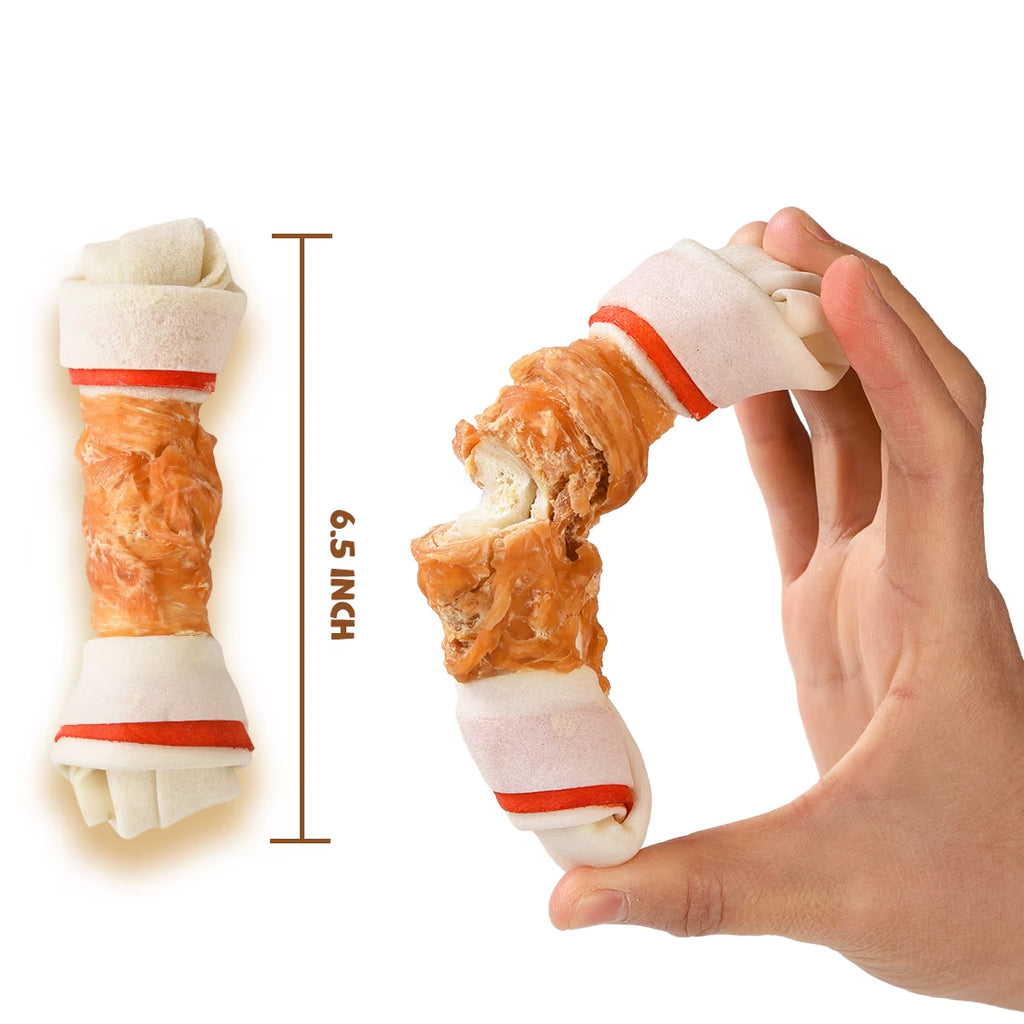 (4 Pack)  6.5" Rawhide Dog Bone, Long Lasting Chicken Wrapped Dog Treats (4/Pack), Beefhide Bone for Large Dogs, 11Oz