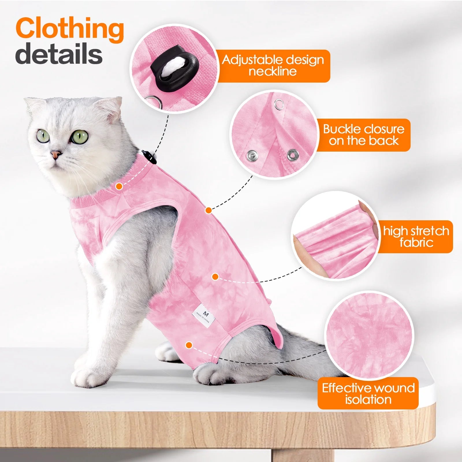 Cat Recovery Suit, Tie-Dye Post-Surgery Pet Clothing, Soft Stretch Fabric Cat Surgery Shirt with Back Button Closure, Prevents Licking and Biting after Spay/Neuter,Pink,L
