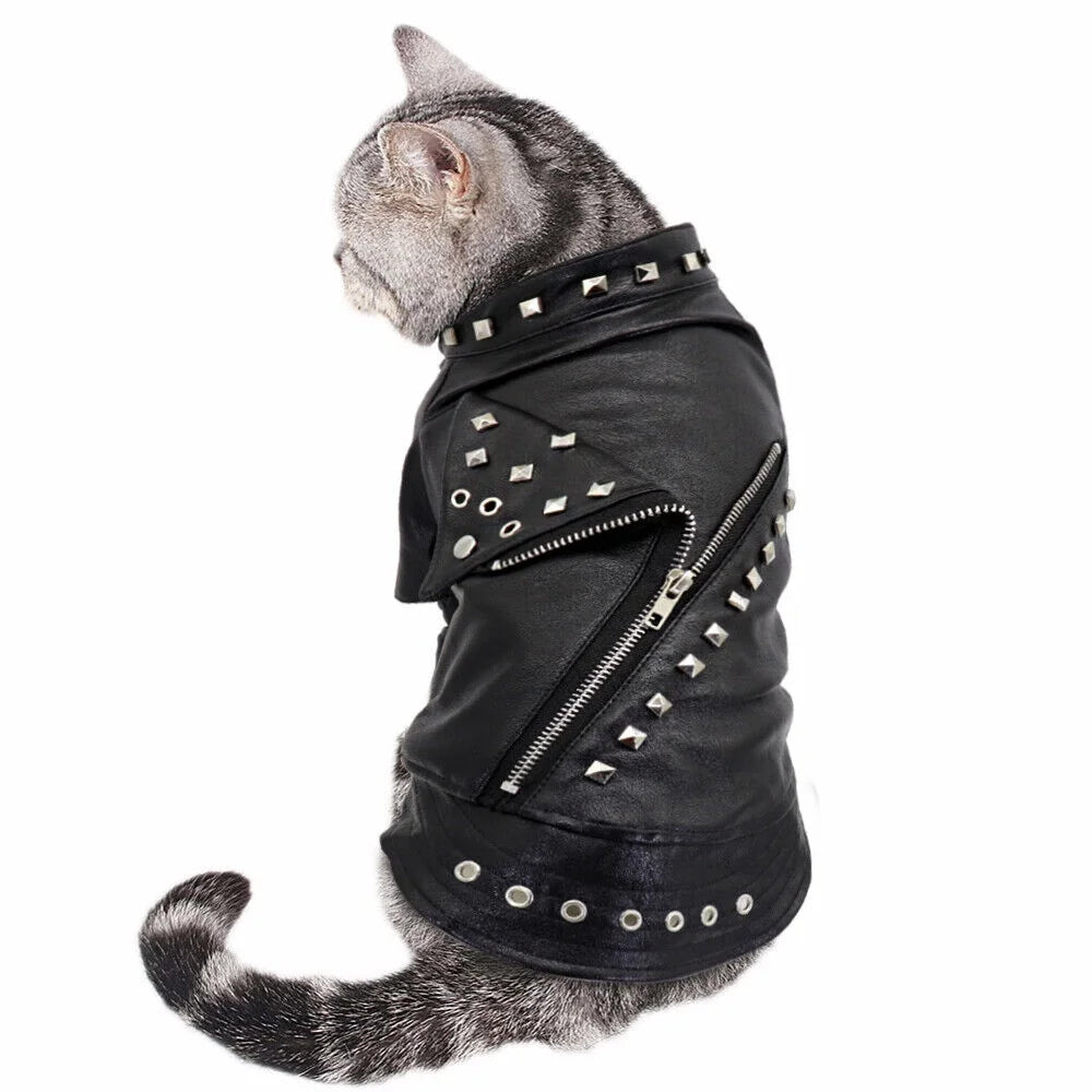 Fashion Small Cat Dog Jacket Black PU Leather Motorcycle Coat Outfit Clothes with Studs