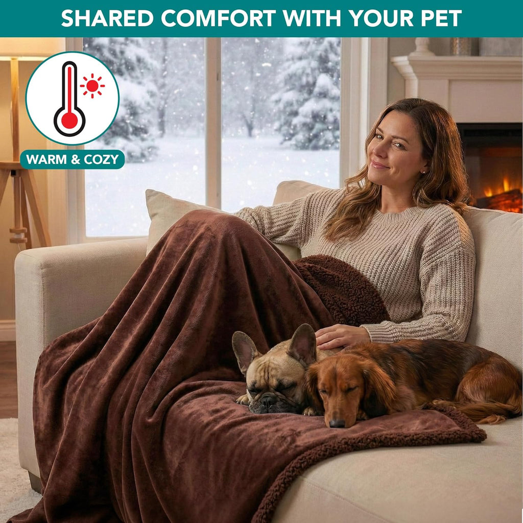 Waterproof Dog Blanket for Couch, Large 60X40, Pee Proof Sherpa Fleece Reversible Pet Throw, Furniture Protector for Bed Sofa Kennel, Soft Washable Cover for Medium Dogs Cats, Brown Sherpa