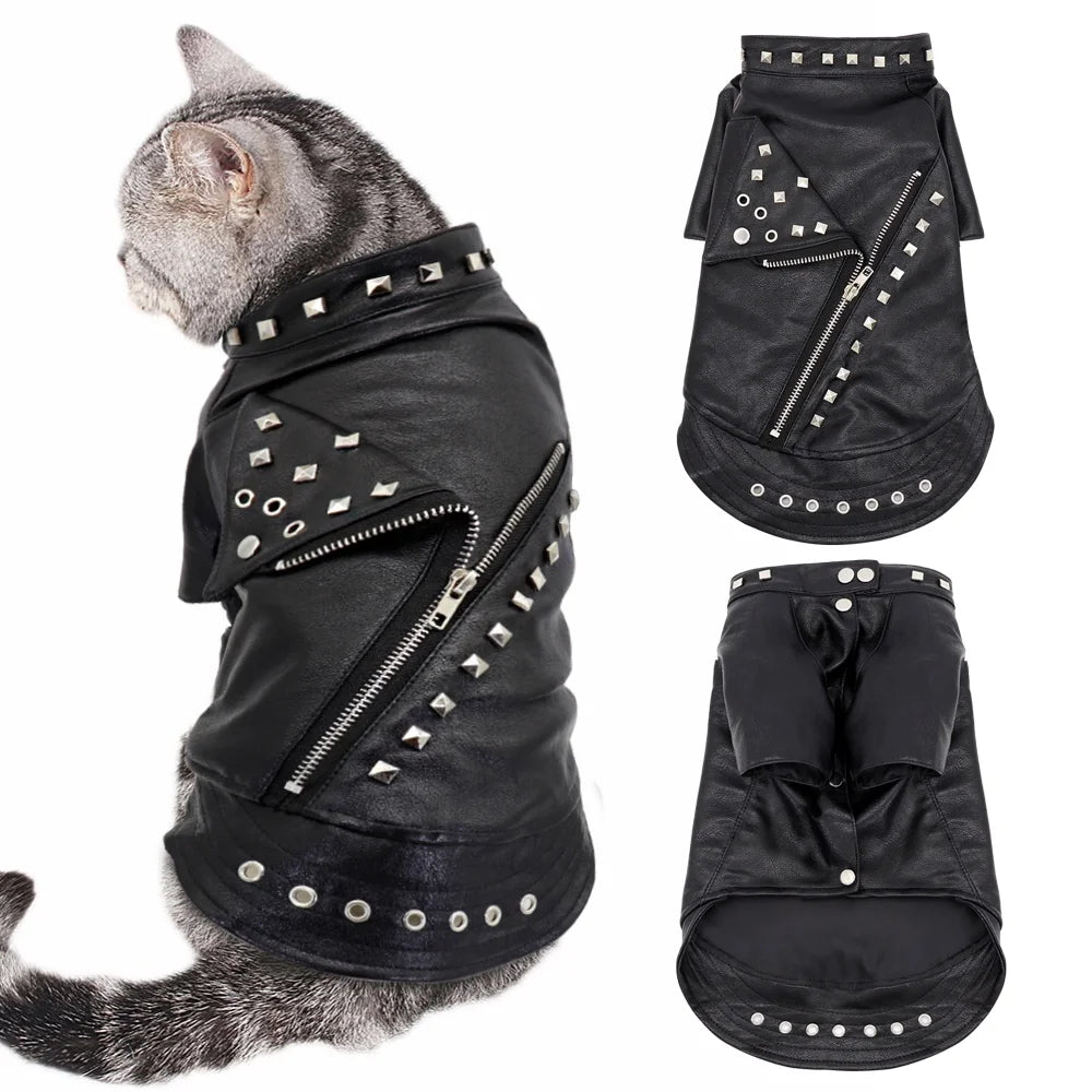 Fashion Small Cat Dog Jacket Black PU Leather Motorcycle Coat Outfit Clothes with Studs