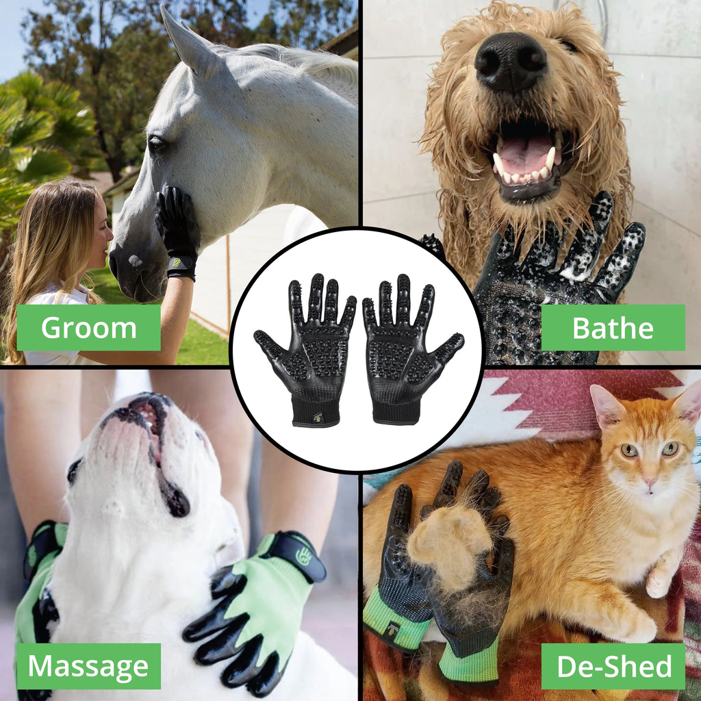 Pet Grooming Gloves - Shedding, Bathing, & Daily Grooming Gloves - Gentle Brush for Cats, Dogs, and Horses, Black Large