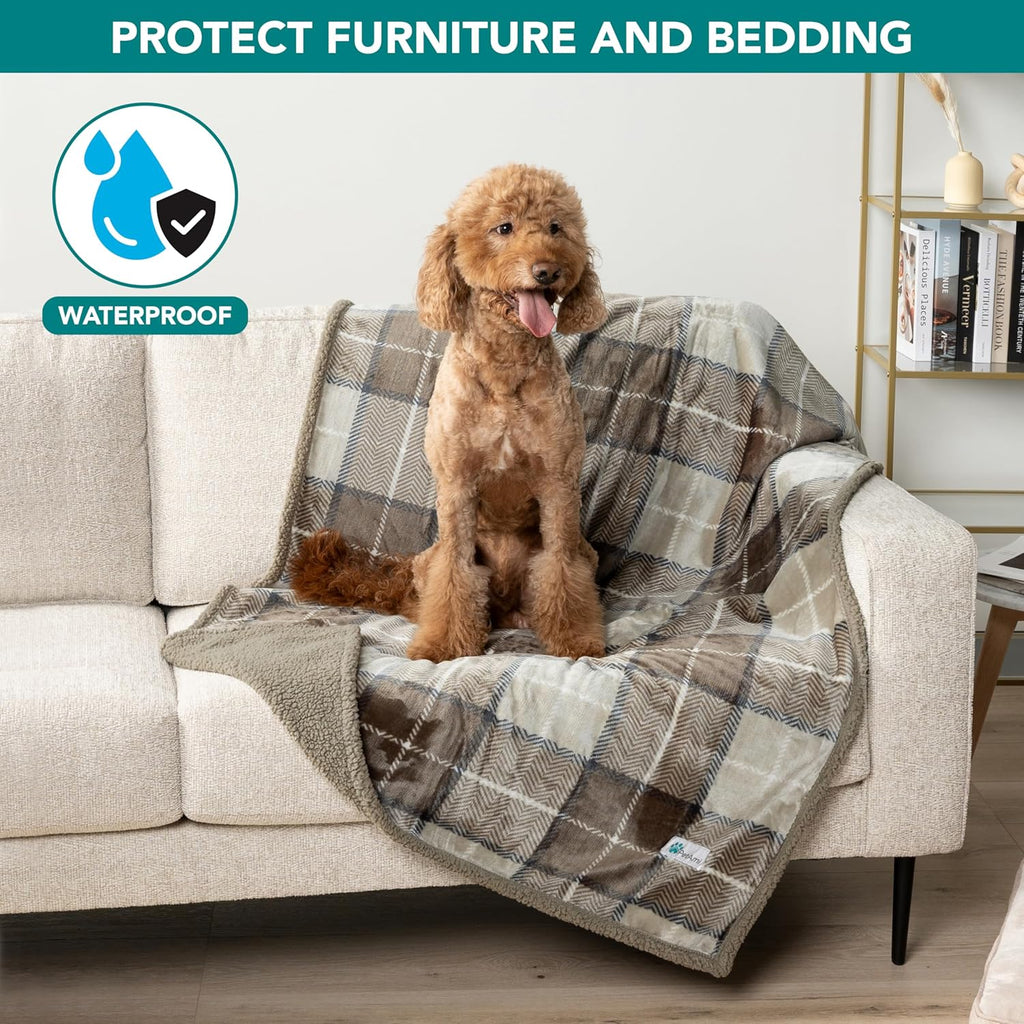 Extra Large Waterproof Dog Blanket - Reversible Sherpa Fleece, Pee Proof Furniture Protector for Couch, Bed & Kennel - Soft, Washable Plaid Taupe Throw for Pets 80x60