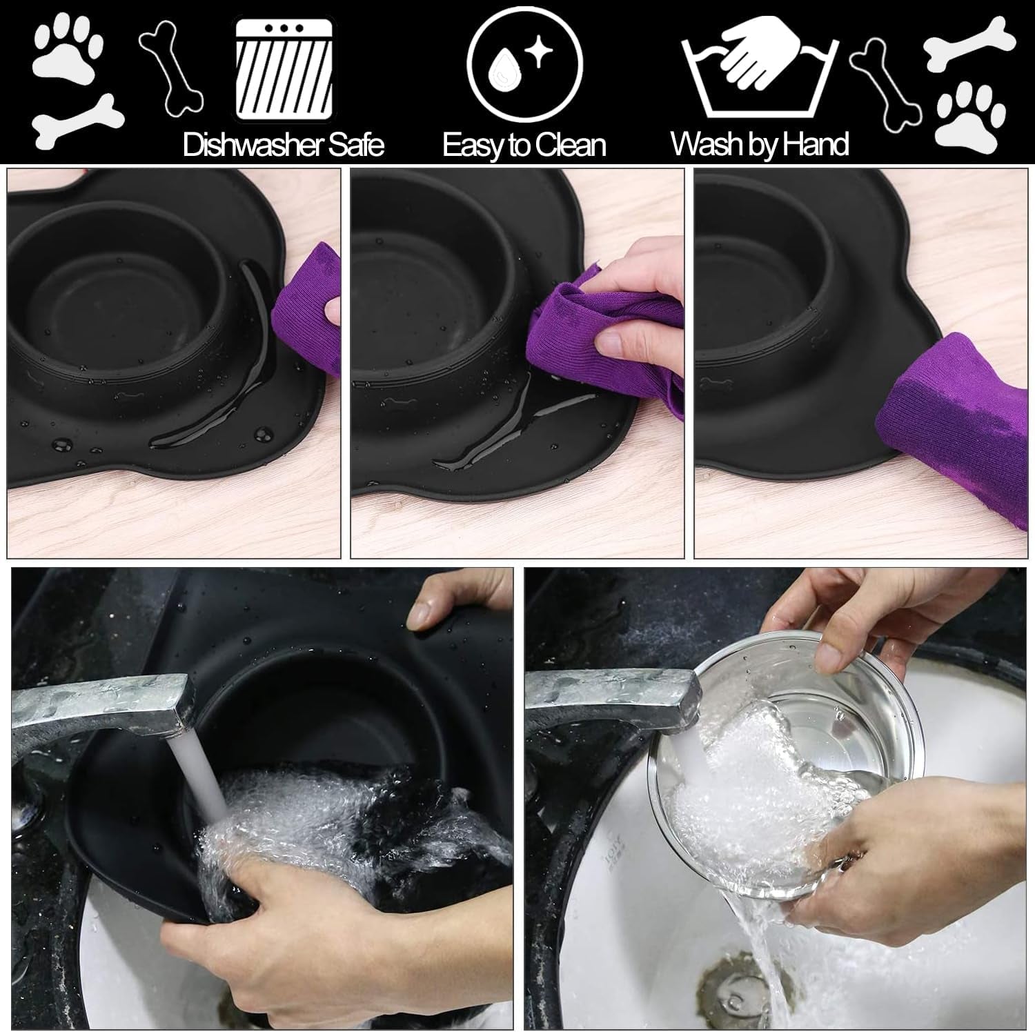 Dog Food Bowls Stainless Steel & Water Dish with No-Spill and Non-Skid, Feeder Bowls with Dog Food Dish for Small Medium Large Size,Dogs,Cats,Puppy Pets, Black, 12Oz