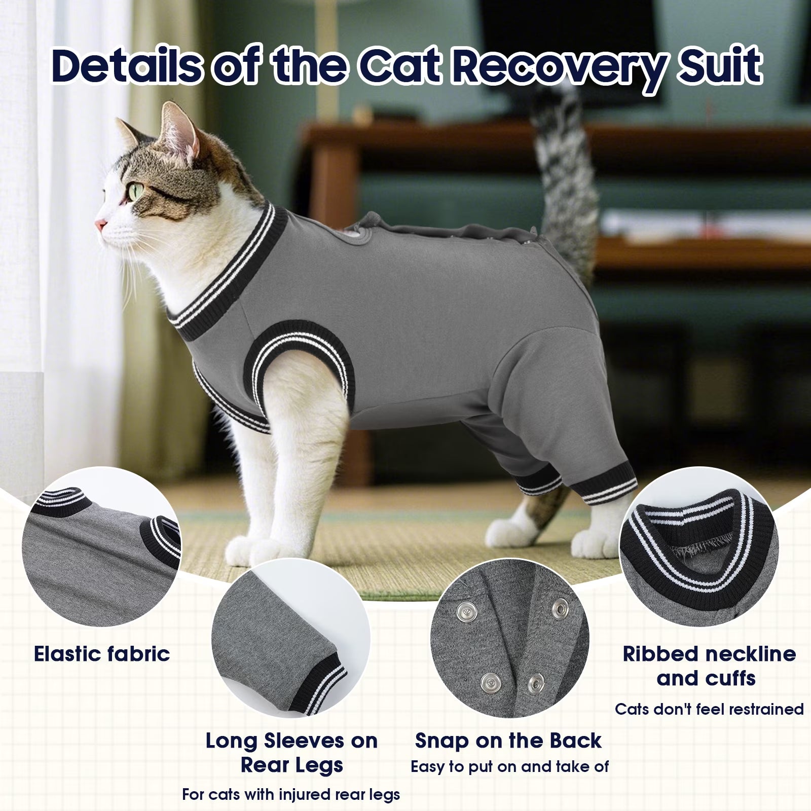 Soft Cat Recovery Suit, Elastic Cat Onesie after Surgery, Rear Leg and Abdomen Wound Protection, Cat Cone Collar Alternative, Gray, S