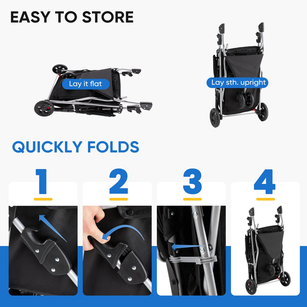 3 Wheels Pet Stroller, Dog and Cat Strollers, with Storage Basket and Cup Holder, Lightweight Travel Carrier, Breathable Mesh, Waterproof and Foldable for Small Pets Outdoor Walk, Black
