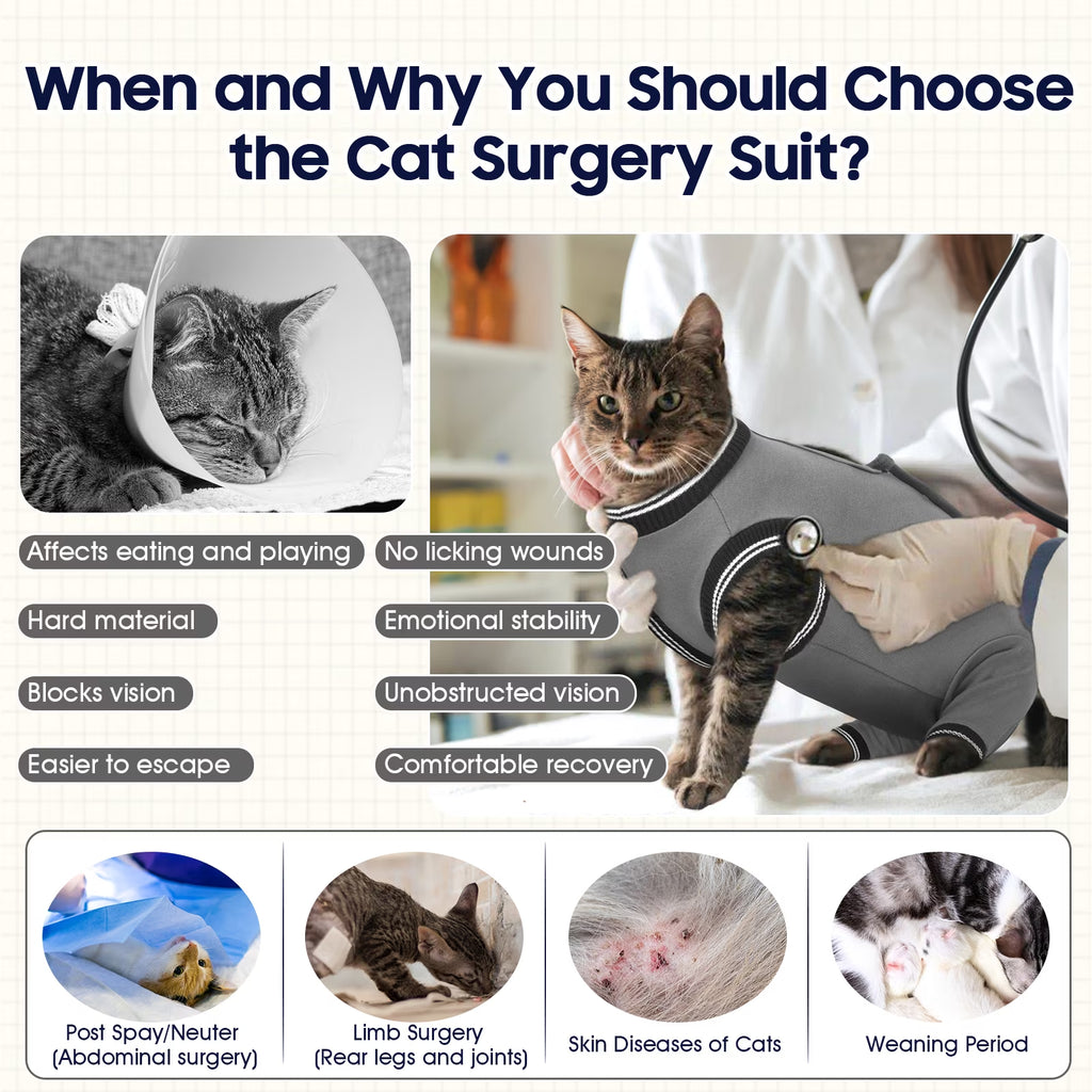Soft Cat Recovery Suit, Elastic Cat Onesie after Surgery, Rear Leg and Abdomen Wound Protection, Cat Cone Collar Alternative, Gray, S
