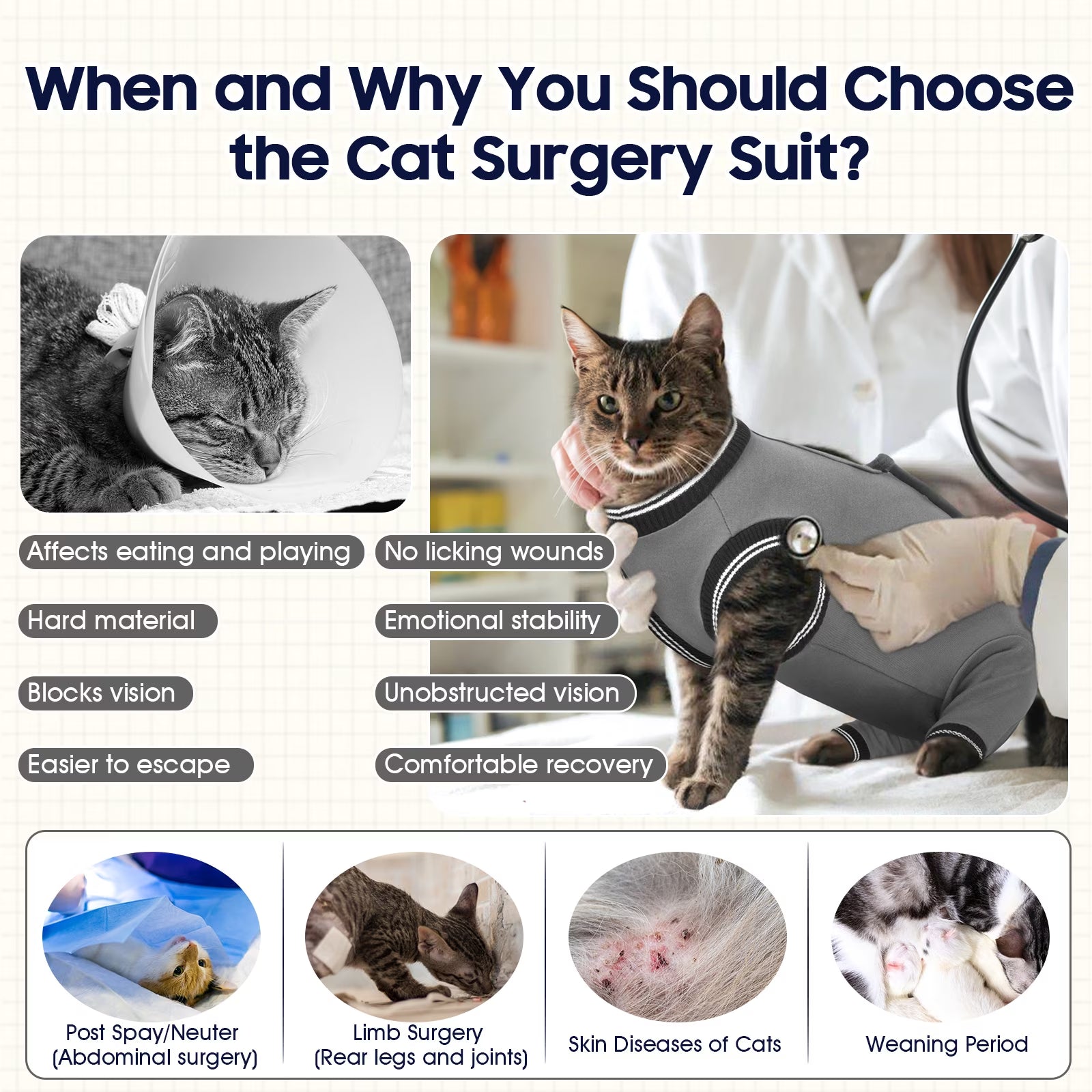 Soft Cat Recovery Suit, Elastic Cat Onesie after Surgery, Rear Leg and Abdomen Wound Protection, Cat Cone Collar Alternative, Gray, S