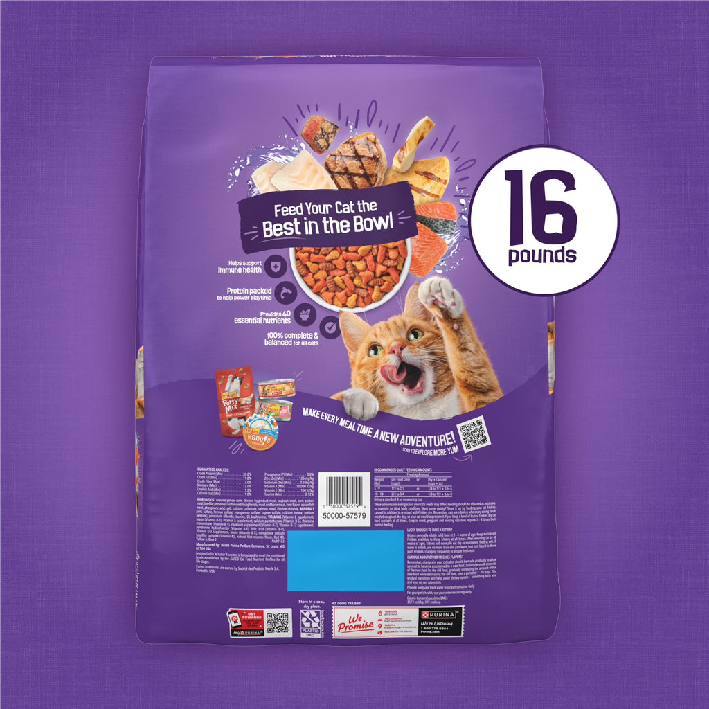 Purina Friskies Surfin and Turfin Favorites Dry Cat Food Flavors of Chicken, Whitefish, Salmon and Filet Mignon, 16 Lb Bag