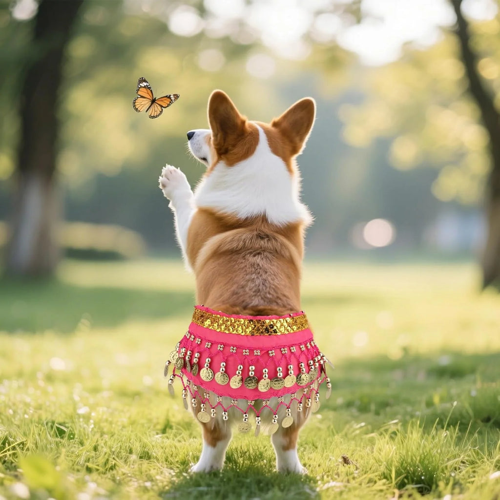 Dog Belly Dancer Skirt, Bling Belly Dance Hip Scarf for Corgis Dog Waist Wrap with Sequins Adjustable Puppy Pet Dancing Dress Costumes for Halloween Parties Celebration Performance (Pink)-Dh