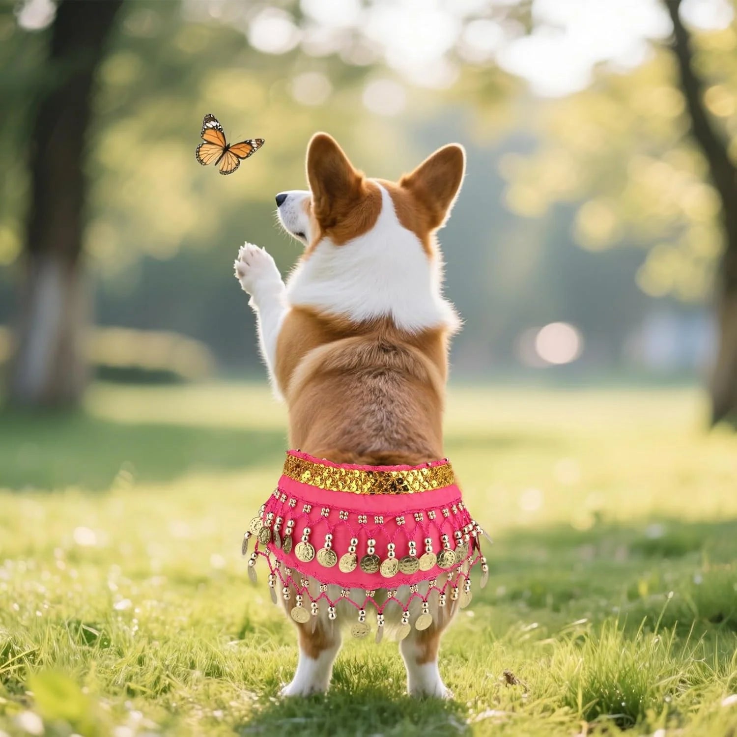 Dog Belly Dancer Skirt, Bling Belly Dance Hip Scarf for Corgis Dog Waist Wrap with Sequins Adjustable Puppy Pet Dancing Dress Costumes for Halloween Parties Celebration Performance (Pink)-Dh