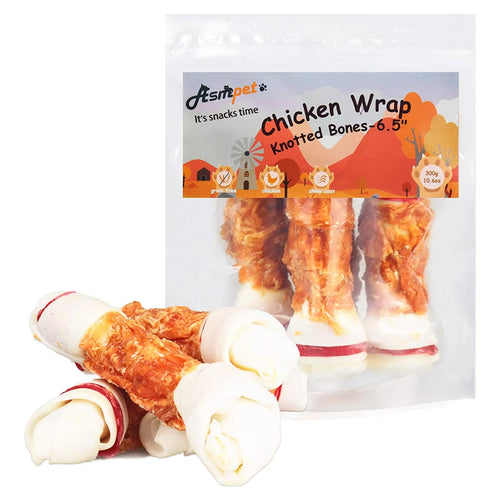 (4 Pack)  6.5" Rawhide Dog Bone, Long Lasting Chicken Wrapped Dog Treats (4/Pack), Beefhide Bone for Large Dogs, 11Oz