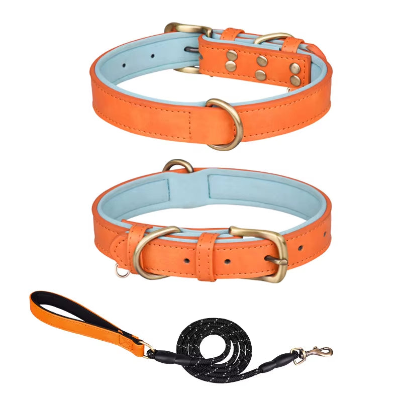 Factory Direct Sales Retro Leather Dog Leash with Breathable Dog Collar Contrast Color Solid Pattern Space Cotton Pet Lettering